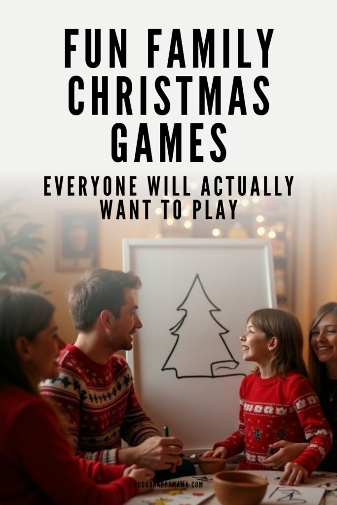 A family sitting together playing a Christmas drawing gamesmiling around a whiteboard with a simple Christmas tree sketchwearing festive sweaters in a cozy holiday living room.