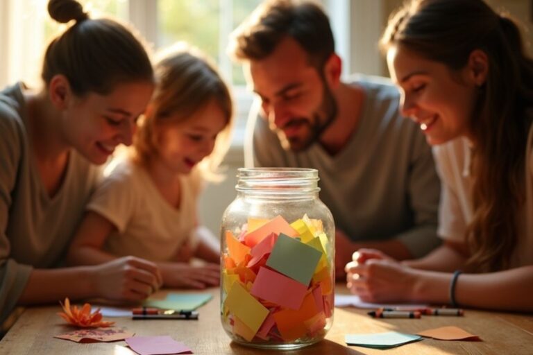 Family sitting together writing memories for a reflection jar filled with colorful notes
