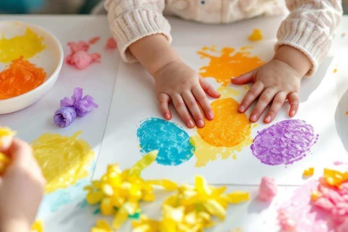 Toddler hands stamping colorful bubble wrap Easter egg prints with washable paint during a sensory Easter craft activity.