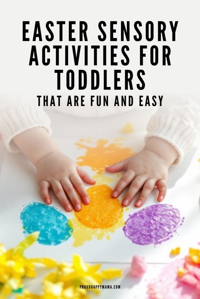 Toddler hands stamping colorful bubble wrap Easter egg prints during a fun and easy Easter sensory activity for toddlers.
