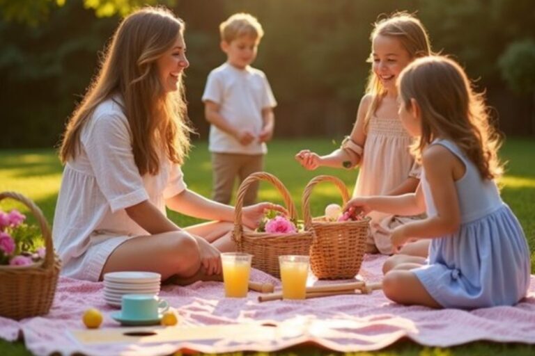 Mother enjoying a picnic with children outdoors on Mother’s Day, sitting on a blanket with baskets, drinks, and flowers in a sunny backyard