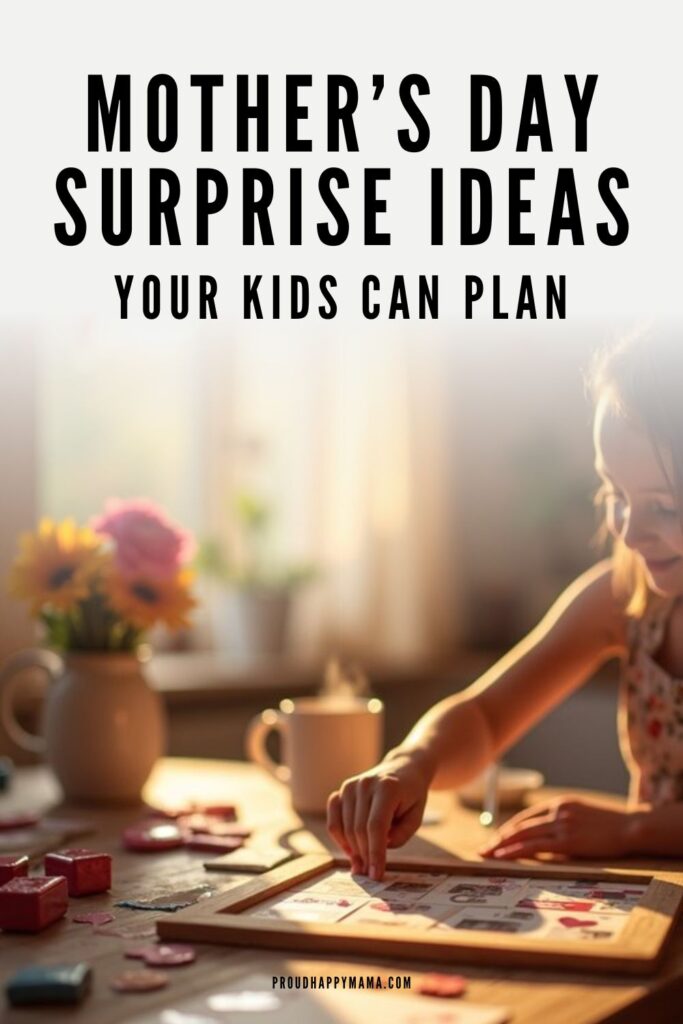 Mother’s Day surprise ideas your kids can plan with a child creating a handmade gift at a table with flowers and a coffee mug in soft morning light